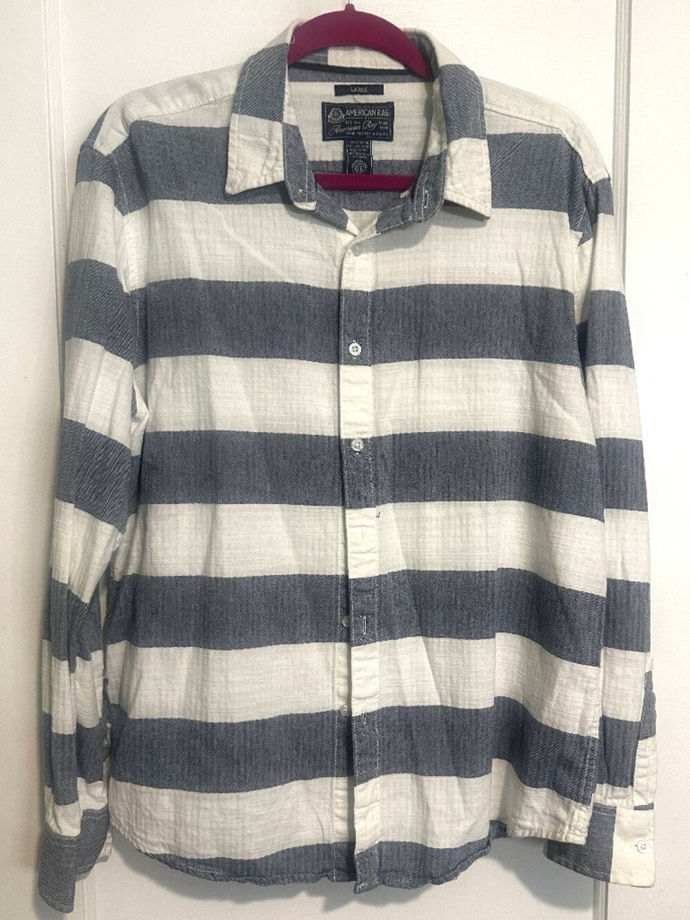 American Rag Men's Striped Button-Down Long-Sleeve Shirt Blue/White, Size L